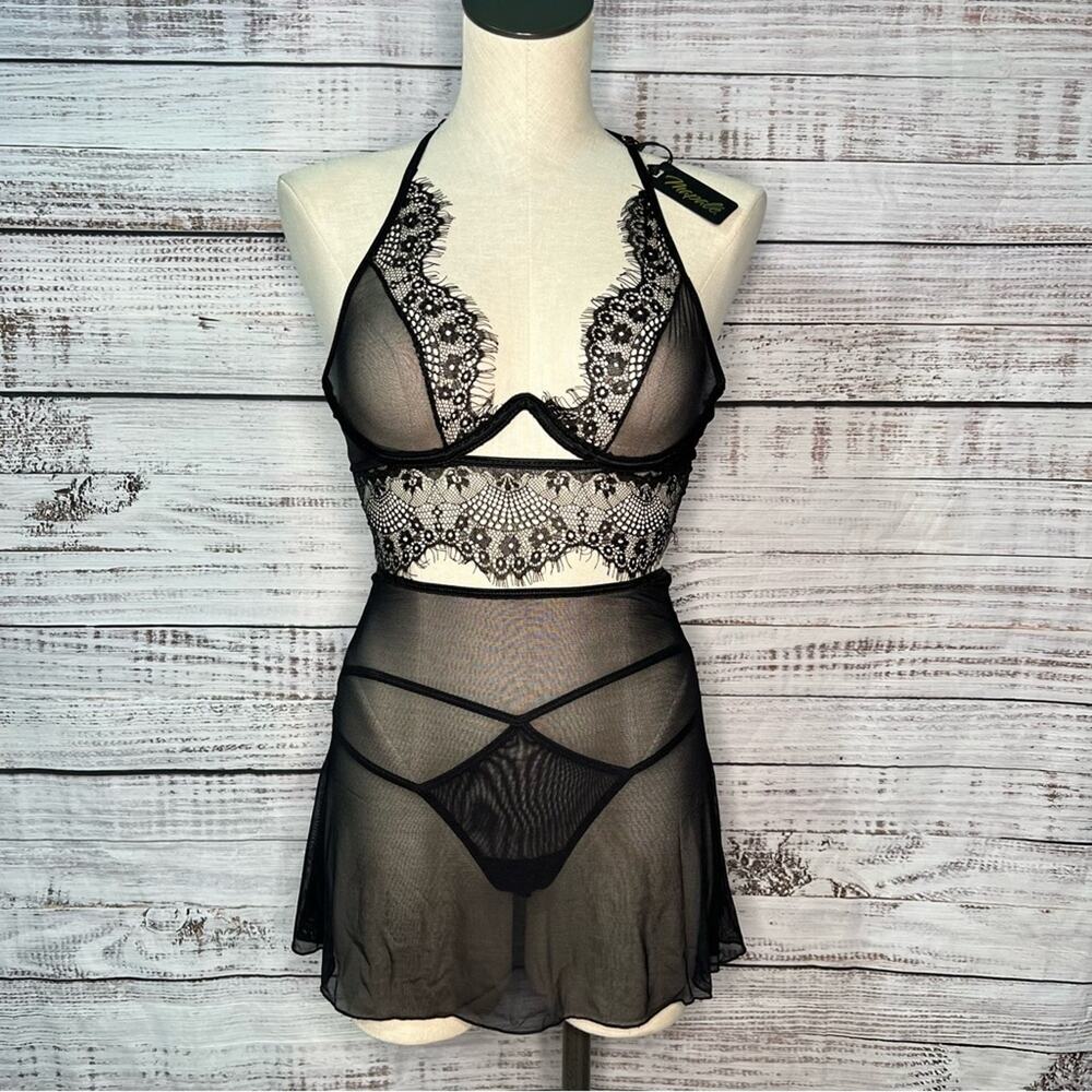 Mapale S/M‎ 3 Piece Set Lace Sheer Bra Panties Shiloh Babydoll Black NEW 7551
